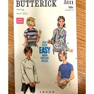 Vintage 1960s Butterick 5111 Sewing Pattern Size XS 10 Tuck In Top COMPLETE
